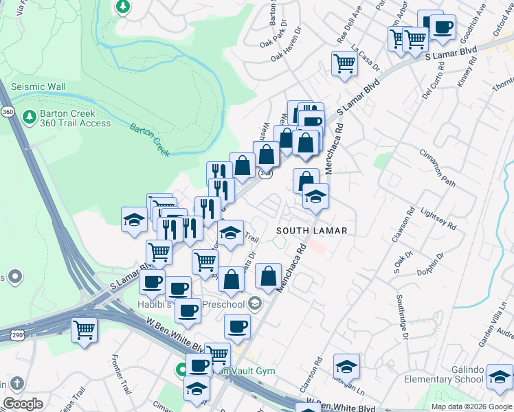 map of restaurants, bars, coffee shops, grocery stores, and more near 2200 Panther Trail in Austin