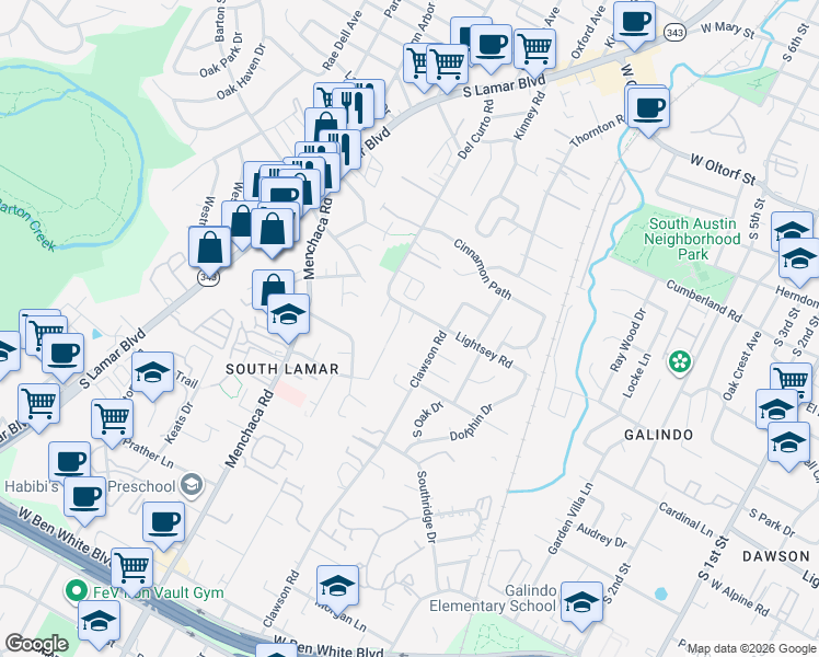 map of restaurants, bars, coffee shops, grocery stores, and more near 3301 Aldwyche Drive in Austin