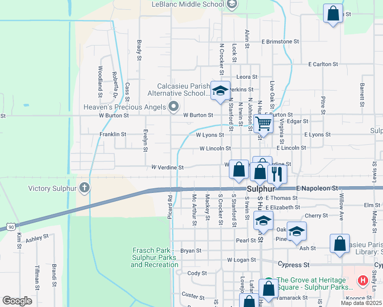map of restaurants, bars, coffee shops, grocery stores, and more near 626 West Verdine Street in Sulphur
