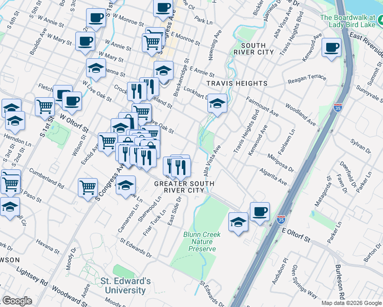 map of restaurants, bars, coffee shops, grocery stores, and more near 2206 East Side Drive in Austin