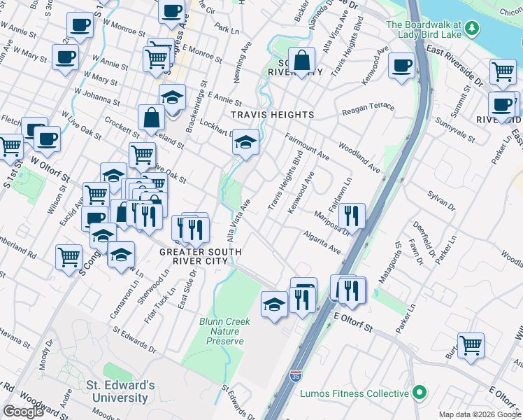 map of restaurants, bars, coffee shops, grocery stores, and more near 2018 Travis Heights Boulevard in Austin