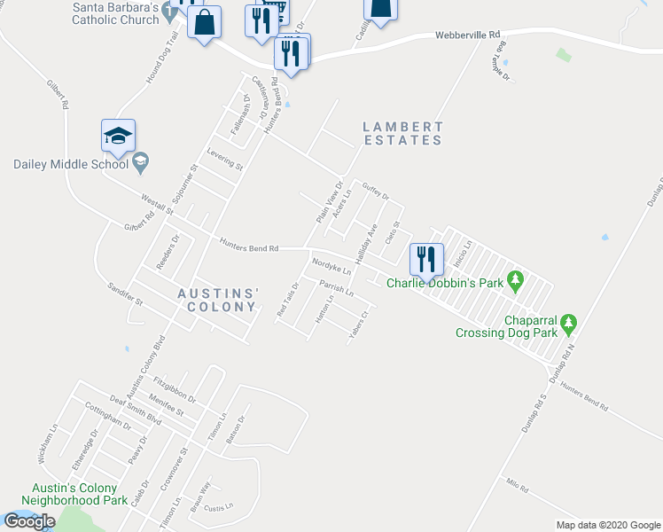 map of restaurants, bars, coffee shops, grocery stores, and more near Nordyke Lane in Austin