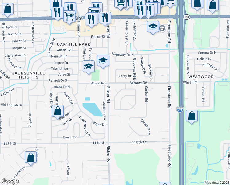 map of restaurants, bars, coffee shops, grocery stores, and more near 6140 Deepwood Drive West in Jacksonville