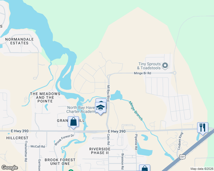 map of restaurants, bars, coffee shops, grocery stores, and more near Mill Bayou Bouelvard in Panama City
