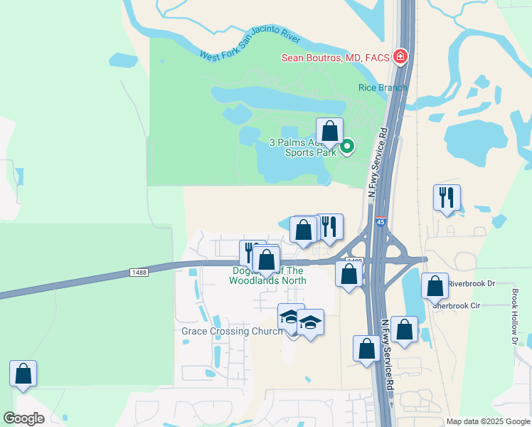 map of restaurants, bars, coffee shops, grocery stores, and more near 366 Farm to Market Road 1488 in Conroe