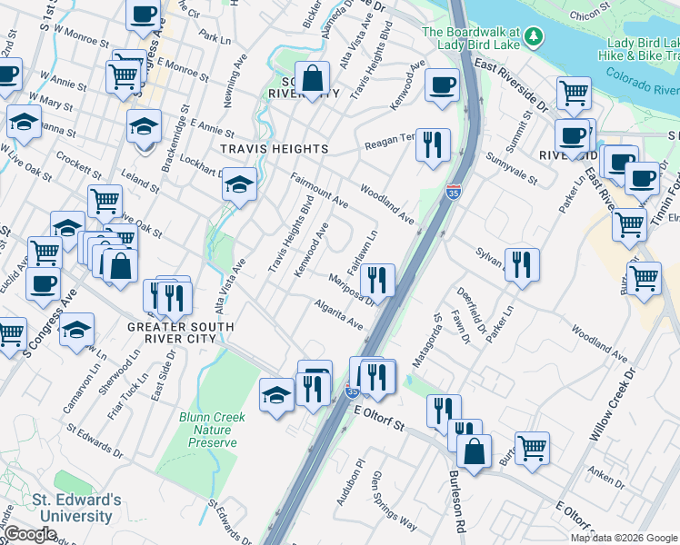 map of restaurants, bars, coffee shops, grocery stores, and more near 1119 Mariposa Drive in Austin