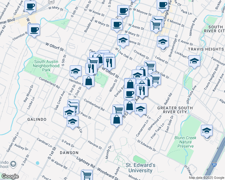 map of restaurants, bars, coffee shops, grocery stores, and more near 2507 Wilson Street in Austin