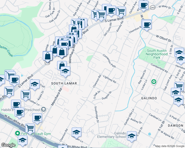 map of restaurants, bars, coffee shops, grocery stores, and more near 3301 Aldwyche Drive in Austin