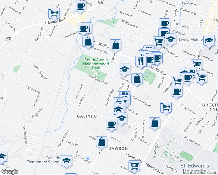 map of restaurants, bars, coffee shops, grocery stores, and more near 811 Cumberland Road in Austin