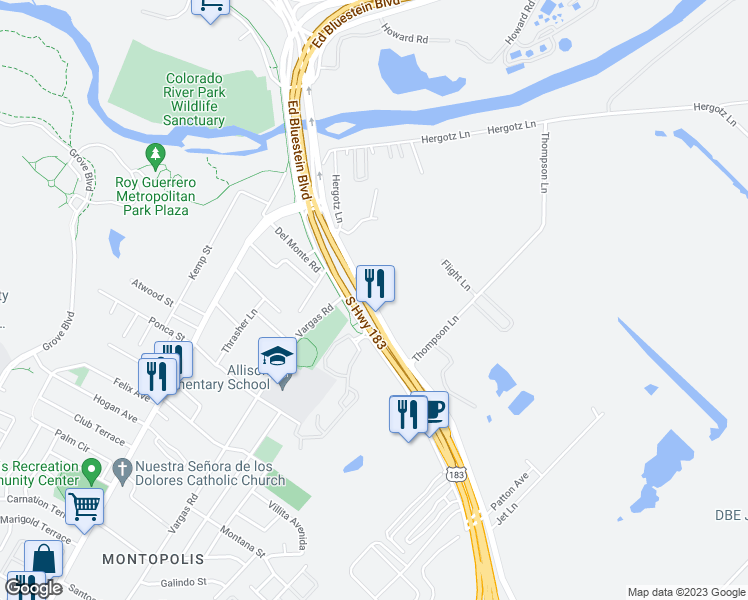 map of restaurants, bars, coffee shops, grocery stores, and more near 411 Bastrop Highway in Austin