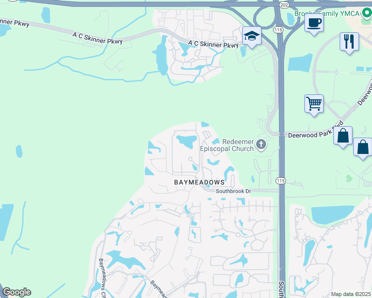 map of restaurants, bars, coffee shops, grocery stores, and more near 9601 Southbrook Drive in Jacksonville