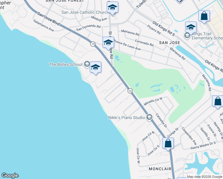 map of restaurants, bars, coffee shops, grocery stores, and more near 2240 Smullian Trail North in Jacksonville