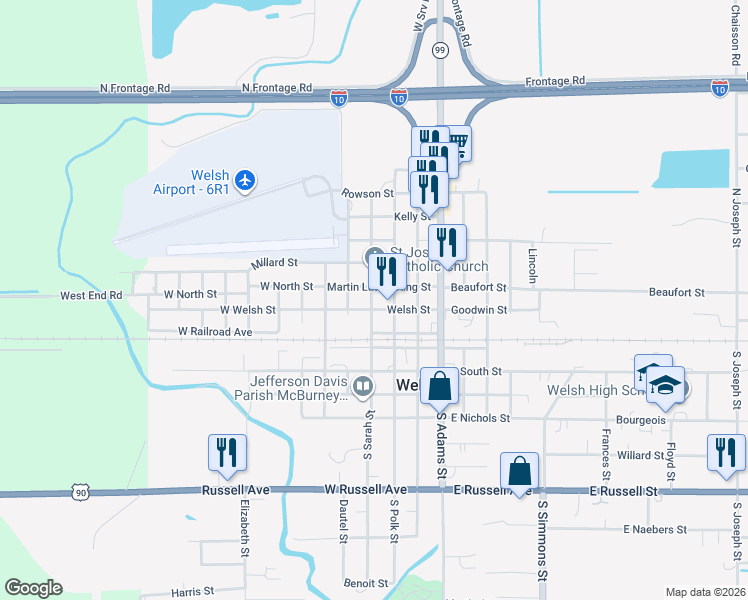 map of restaurants, bars, coffee shops, grocery stores, and more near 101 North Sarah Street in Welsh