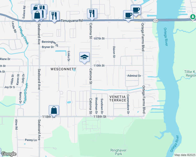 map of restaurants, bars, coffee shops, grocery stores, and more near 5341 Tequesta Court in Jacksonville