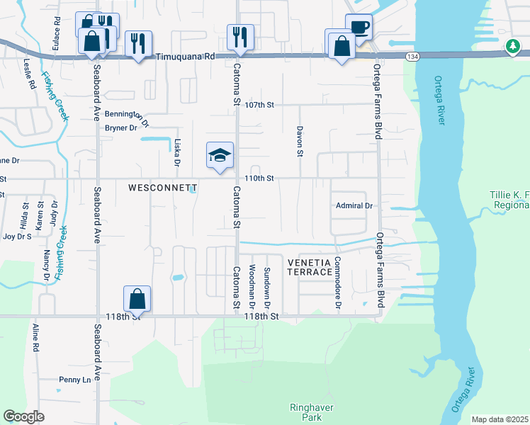 map of restaurants, bars, coffee shops, grocery stores, and more near 5321 Tequesta Court in Jacksonville
