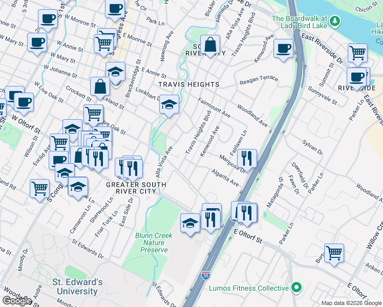 map of restaurants, bars, coffee shops, grocery stores, and more near 2015 Travis Heights Boulevard in Austin