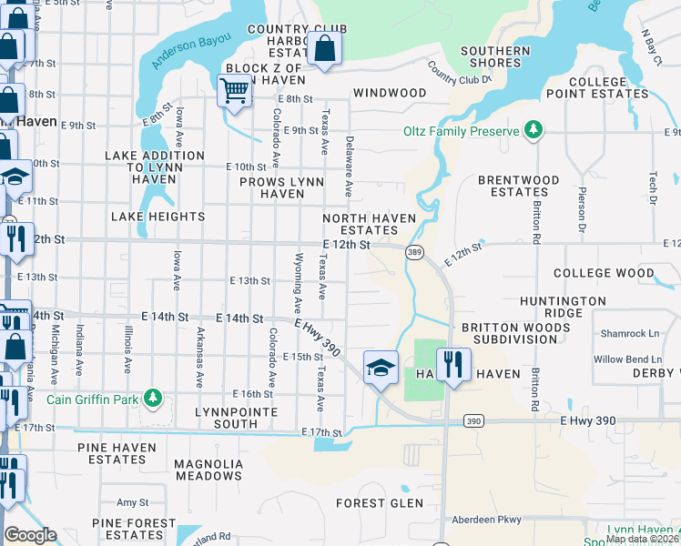 map of restaurants, bars, coffee shops, grocery stores, and more near 1207 Texas Avenue in Lynn Haven