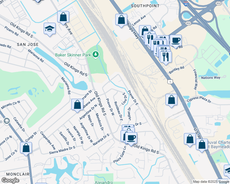map of restaurants, bars, coffee shops, grocery stores, and more near 7634 Praver Court in Jacksonville