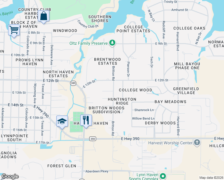 map of restaurants, bars, coffee shops, grocery stores, and more near 1832 12th Street in Lynn Haven
