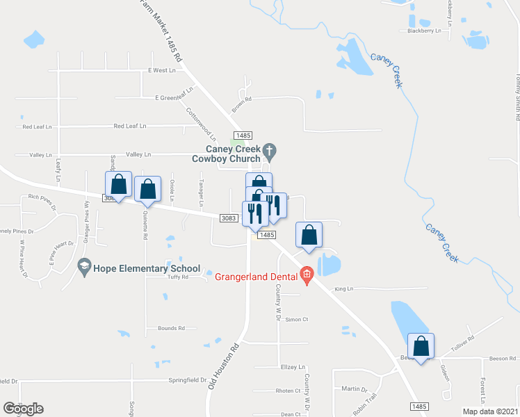 map of restaurants, bars, coffee shops, grocery stores, and more near 14515 Farm to Market 1485 in Conroe