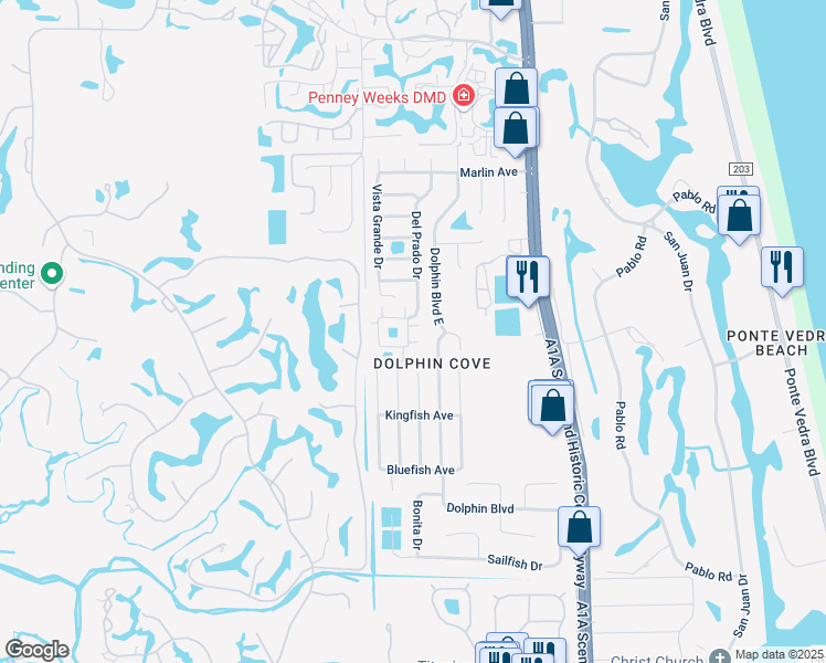 map of restaurants, bars, coffee shops, grocery stores, and more near 85 Dolphin Boulevard East in Ponte Vedra Beach