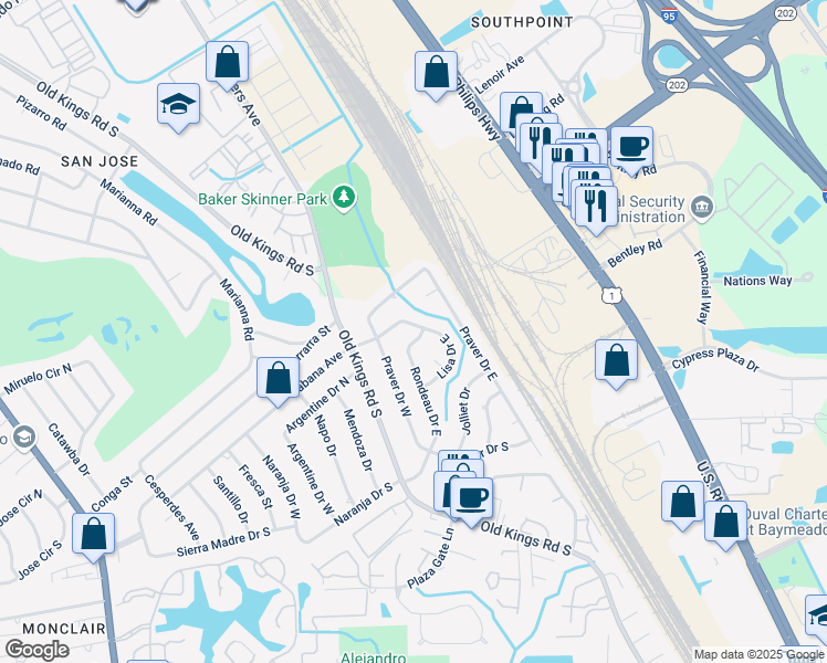 map of restaurants, bars, coffee shops, grocery stores, and more near 7634 Praver Court in Jacksonville