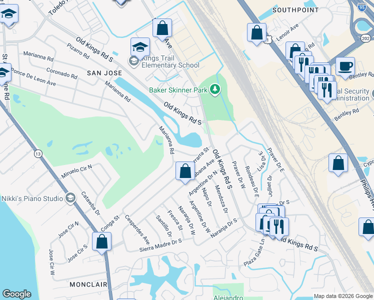 map of restaurants, bars, coffee shops, grocery stores, and more near 4177 Marianna Road in Jacksonville