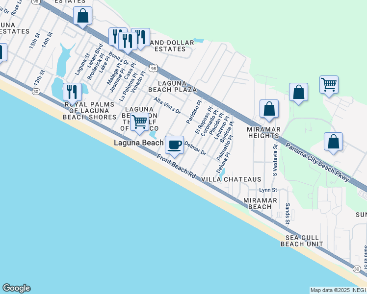 map of restaurants, bars, coffee shops, grocery stores, and more near 206 Paridiso Place in Panama City Beach