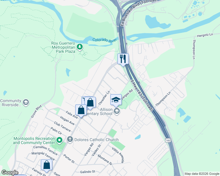 map of restaurants, bars, coffee shops, grocery stores, and more near 6319 Crumley Lane in Austin