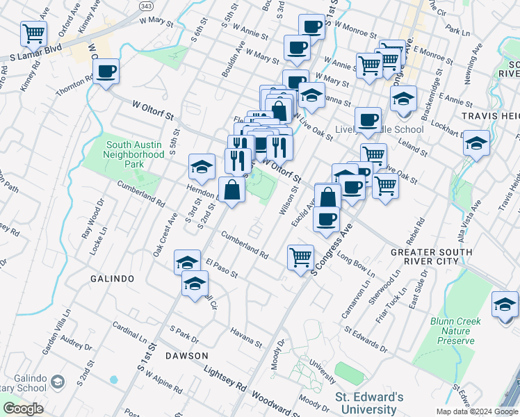 map of restaurants, bars, coffee shops, grocery stores, and more near 2512 Durwood Street in Austin
