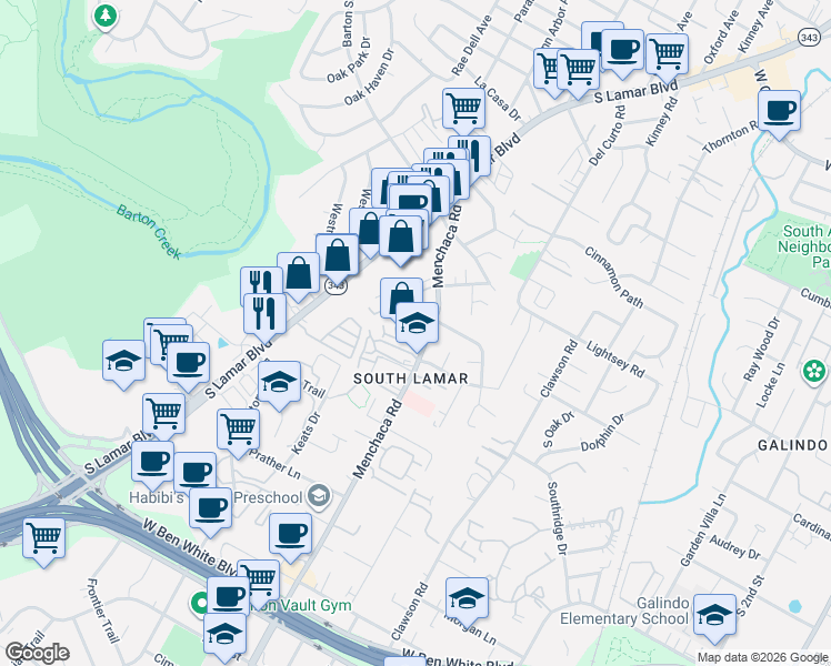 map of restaurants, bars, coffee shops, grocery stores, and more near 3204 Menchaca Road in Austin