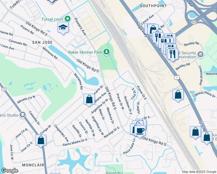 map of restaurants, bars, coffee shops, grocery stores, and more near 7719 Old Kings Road South in Jacksonville