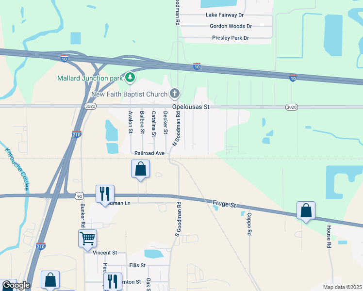 map of restaurants, bars, coffee shops, grocery stores, and more near 103 Grogan Lane in Lake Charles