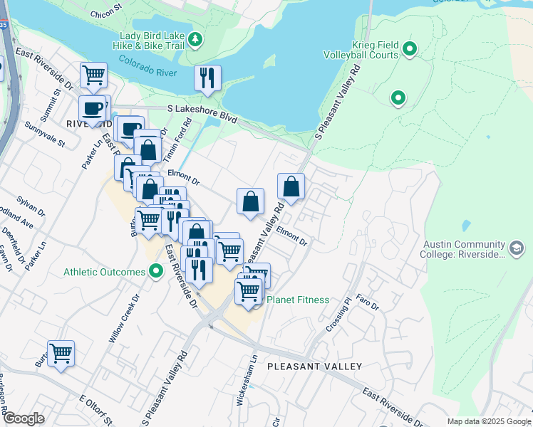 map of restaurants, bars, coffee shops, grocery stores, and more near 2538 Elmont Drive in Austin