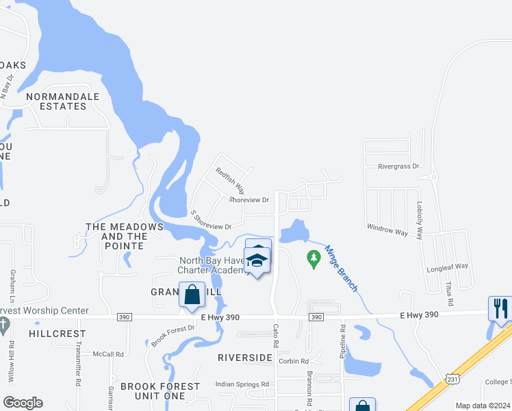 map of restaurants, bars, coffee shops, grocery stores, and more near 106 Shoreview Drive in Panama City