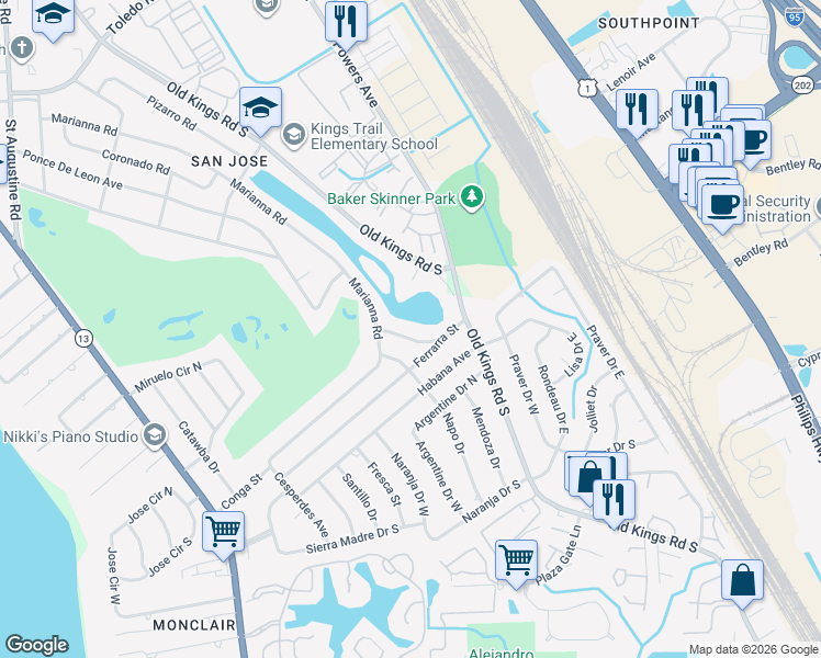 map of restaurants, bars, coffee shops, grocery stores, and more near 4177 Marianna Road in Jacksonville
