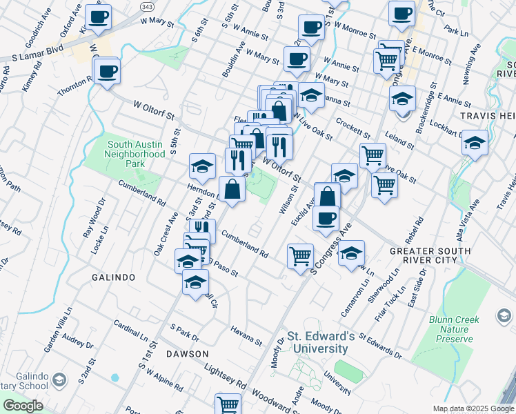 map of restaurants, bars, coffee shops, grocery stores, and more near 2512 Durwood Street in Austin