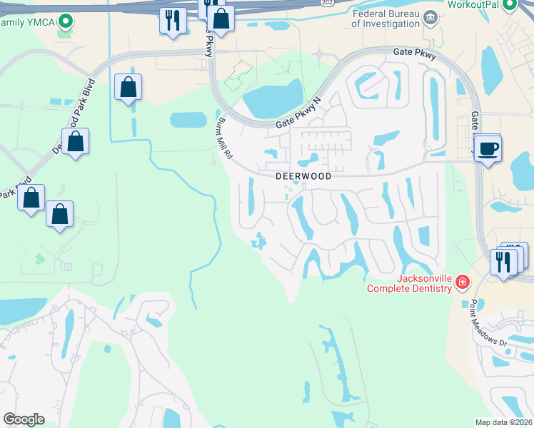 map of restaurants, bars, coffee shops, grocery stores, and more near 7635 Wexford Club Drive East in Jacksonville