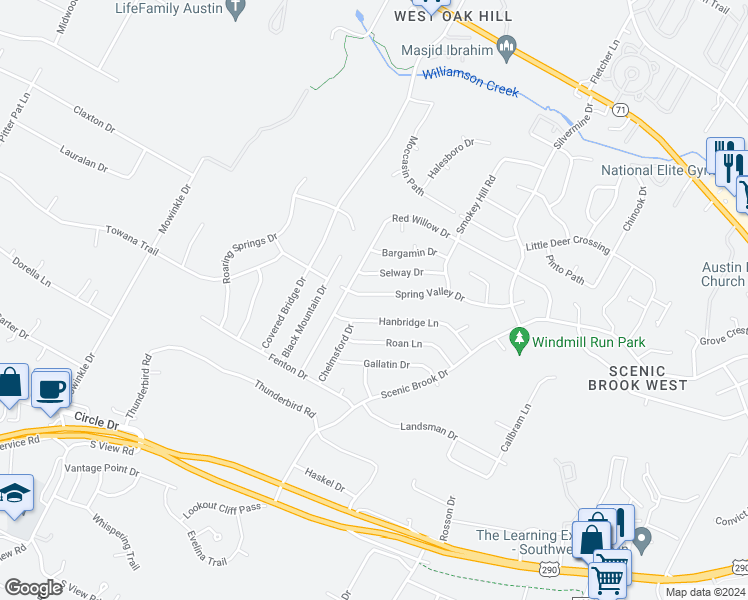 map of restaurants, bars, coffee shops, grocery stores, and more near 8421 Spring Valley Drive in Austin