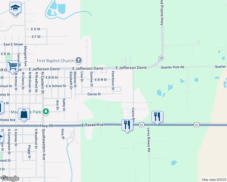 map of restaurants, bars, coffee shops, grocery stores, and more near 400 Hutchison Street in Rayne