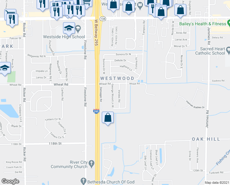 map of restaurants, bars, coffee shops, grocery stores, and more near 6021 George Wood Lane West in Jacksonville