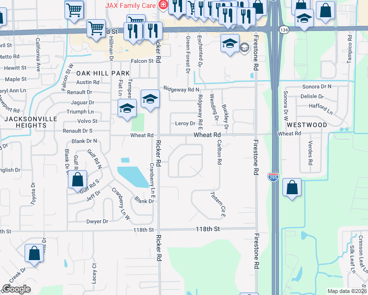 map of restaurants, bars, coffee shops, grocery stores, and more near 7504 Wheat Road in Jacksonville