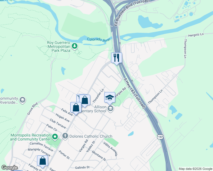 map of restaurants, bars, coffee shops, grocery stores, and more near 6319 Crumley Lane in Austin