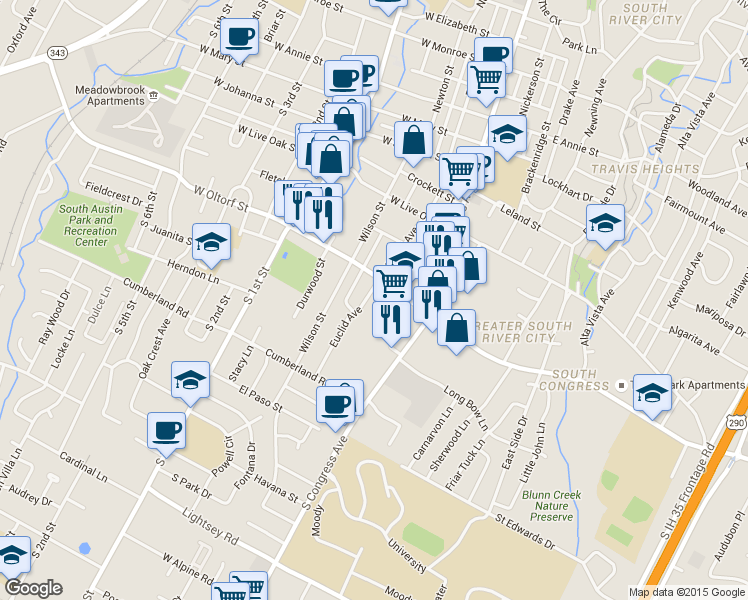 map of restaurants, bars, coffee shops, grocery stores, and more near 2403 Forest Avenue in Austin