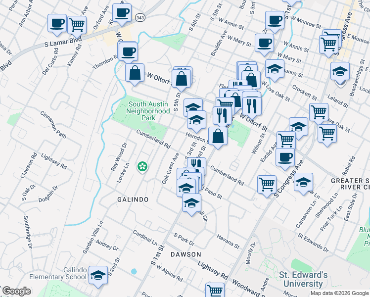 map of restaurants, bars, coffee shops, grocery stores, and more near 2604 Oak Crest Avenue in Austin