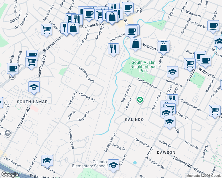 map of restaurants, bars, coffee shops, grocery stores, and more near 2801 Corbin Lane in Austin