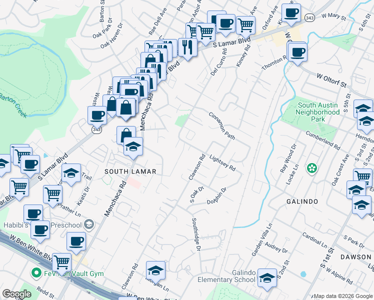 map of restaurants, bars, coffee shops, grocery stores, and more near 3100 Aldwyche Drive in Austin