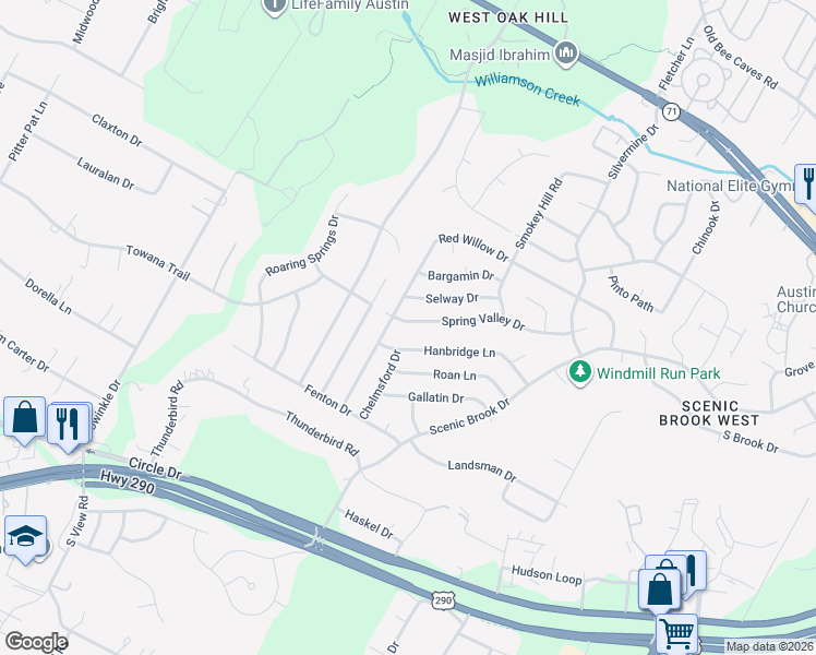 map of restaurants, bars, coffee shops, grocery stores, and more near 8538 Red Willow Drive in Austin