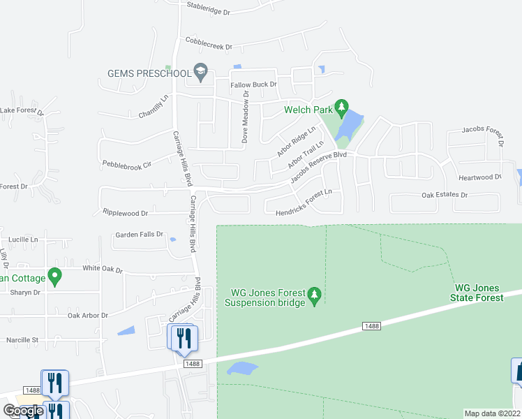 map of restaurants, bars, coffee shops, grocery stores, and more near 403 Woodpecker Forest Lane in Conroe