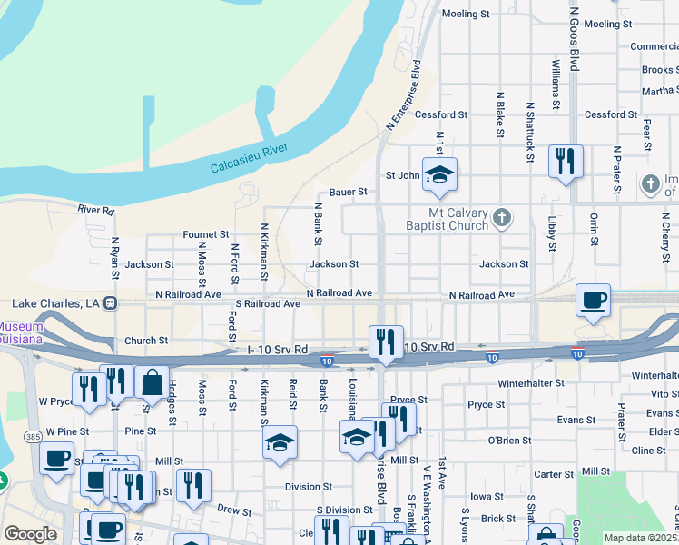 map of restaurants, bars, coffee shops, grocery stores, and more near 202 North Bank Street in Lake Charles